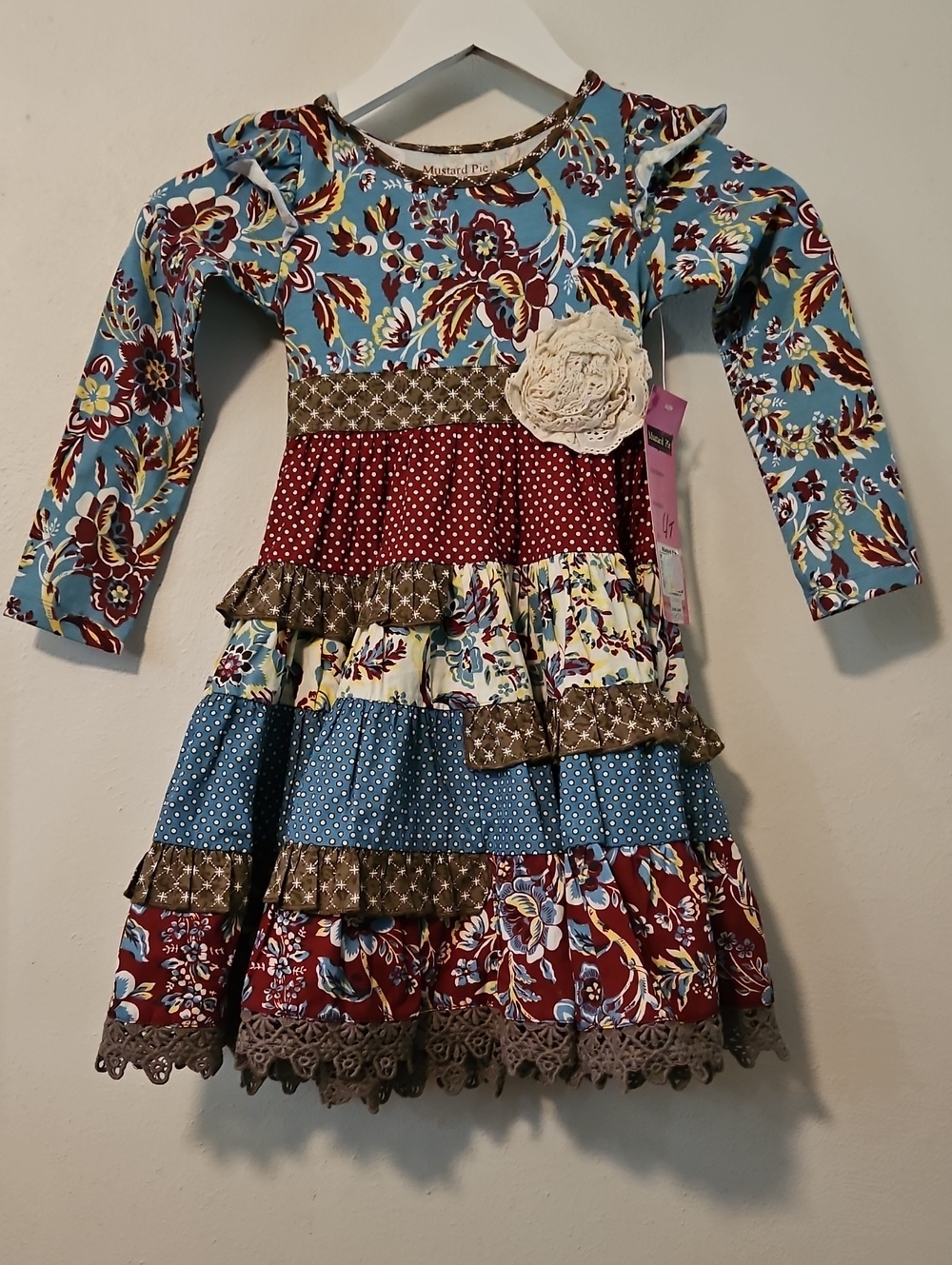 Mustard Pie Blue and Burgundy Floral Patchwork Ruffle Dress